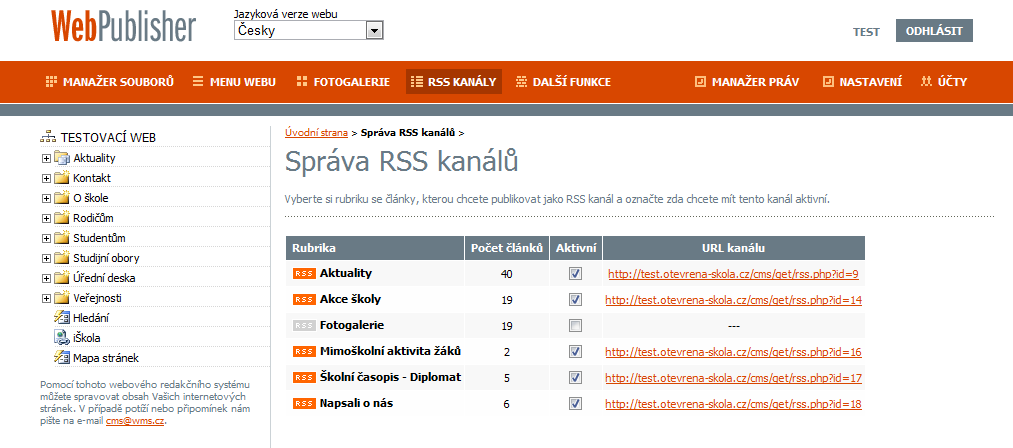 RSS kanály RSS umožňuje čtenářům Vašich stránek přihlásit se k odběru novinek.