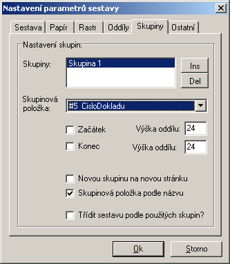 Oddíly Tato stránka slouží k nastavení tištěných oddílů. Zaškrtnutí příslušného oddílu znamená, že tento oddíl bude v tiskové sestavě použit.