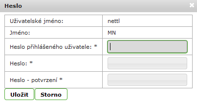 Změna nastavení uživatele Podle přiřazené role může uživatel sám sobě nebo jinému uživateli nastavovat jednotlivé údaje (jazyková verze, heslo, kontakty, role apod.).