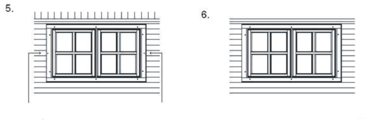 4.11. Okna: Okna se instalují stejným způsobem jako dveře: Položte si okenní rám a čtyři lišty na stabilní plochu.