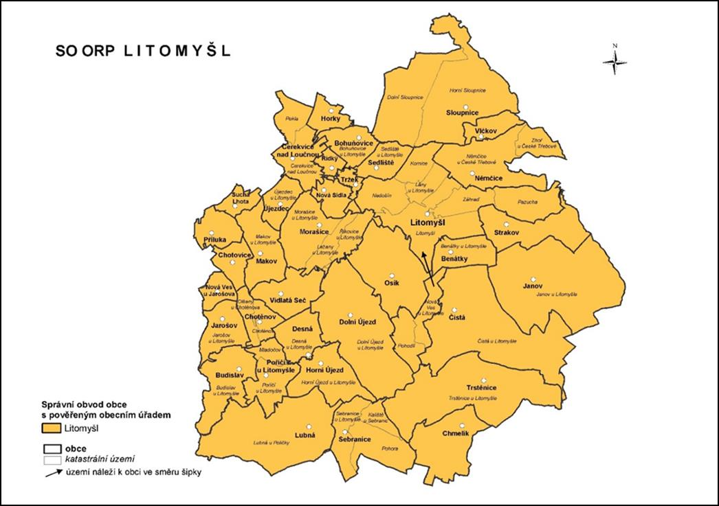 Zpráva z území o průběhu efektivní meziobecní spolupráce v rámci správního obvodu obce s rozšířenou působností Litomyšl Téma: Administrativní podpora obcí Mapa 1: Administrativní členění správního