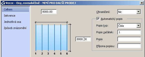 Obrázek 41: Dialogové okno Osy, rovnoběžně V dialogovém panelu, na listu Celkem, může být změněna délka (vzdálenost mezi první a poslední osou) a šířka (délka osy) rastru.