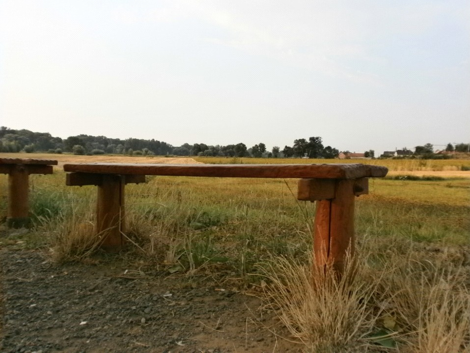 Dřevěná lavička bez opěradla / téčková Popis: jednoduchá dřevěná konstrukce lavice z akátových fošen a kulatiny, spojená šrouby a zapuštěná do země. Lavička je impregnovaná a lakovaná. Ruční výroba.