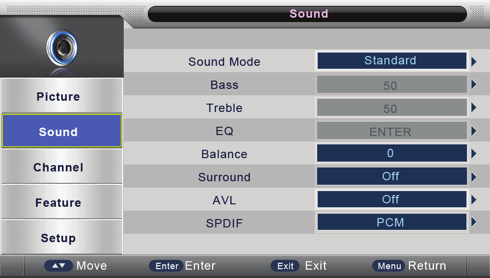 Zvuk CZ Stiskem SETUP zobrazte hlavní menu. Tlačítky / vyberte Sound (Zvuk) a vstupte do menu tlačítkem OK/. 1.