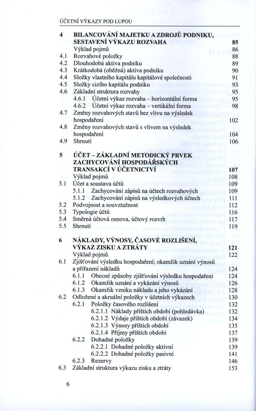 Ú Č ETN Í V Ý K A ZY PO D LUPO U 4 BILANCOVÁNÍ M AJETKU A ZDROJŮ PODNIKU, SESTAVENÍ VÝK A ZU ROZVAHA 85 Výklad pojm ů 86 4.1 R ozvahové položky 88 4.2 D louhodobá aktiva podniku 89 4.