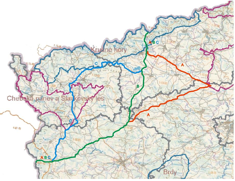 Obr.: Chráněné přirozené akumulace vod (CHOPAV) Legenda: CHOPAV - podzemní vody CHOPAV - povrchové vody Trasa plynovodu prochází u varianty A CHOPAV Krušné hory (povrchová voda) a okrajově se dotýká