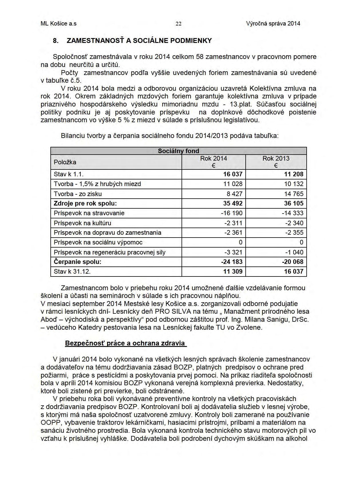 ML Košice a.s 22 Výročná správa 2014 8. ZAMESTNANOSŤ A SOCIÁLNE PODMIENKY Spoločnosť zamestnávala v roku 2014 celkom 58 zamestnancov v pracovnom pomere na dobu ne u rč i tú a urči tú.