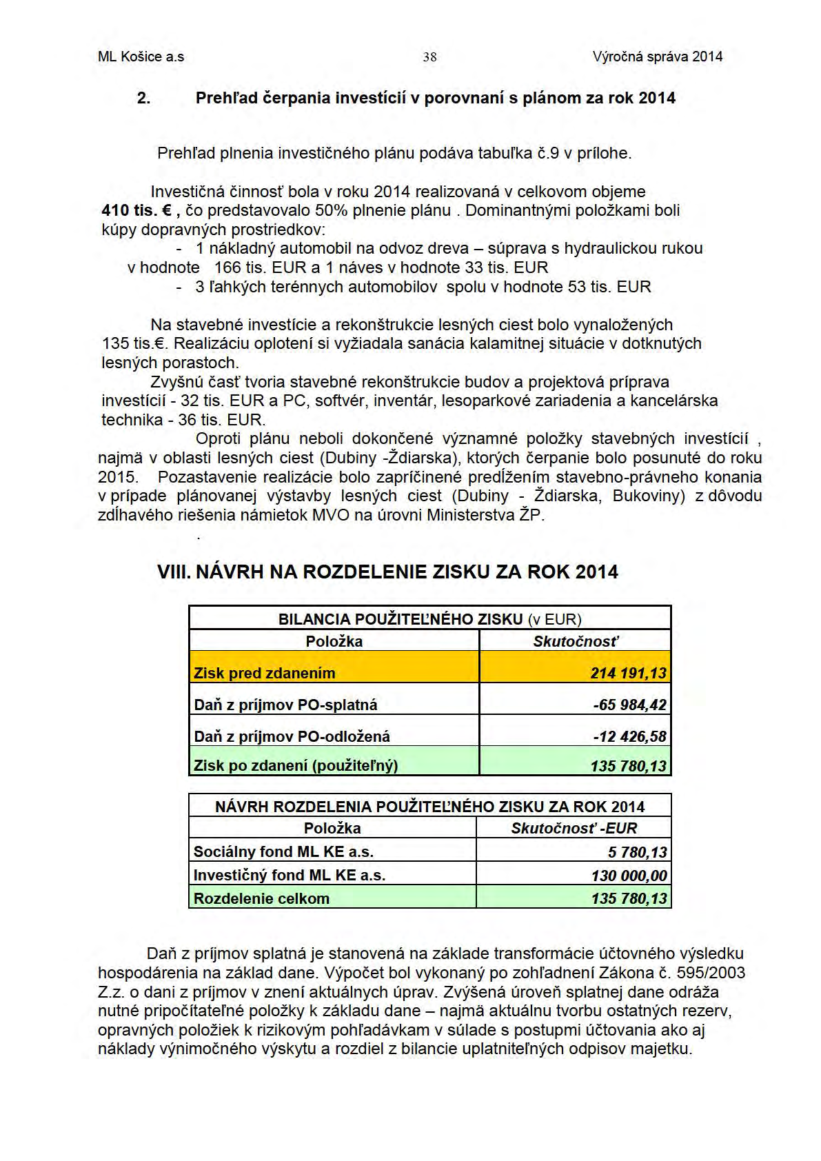 ML Košice a.s 38 Výročná správa 2014 2. Prehl'ad čerpania investícií v porovnaní s plánom za rok 2014 Prehl'ad plnenia invest ič ného plánu podáva tabul'ka č. 9 v prílohe.