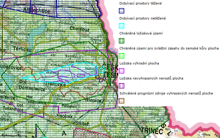 Ložiska výhradní plocha Žukov a Žukovský hřbet (uhlí, zemní plyn) Ložiska nevyhrazených nerostů Český Těšín a Bludovice (cihlářské hlíny). Detailní rozložení viz následující mapa. Zdroj: http://mapy.