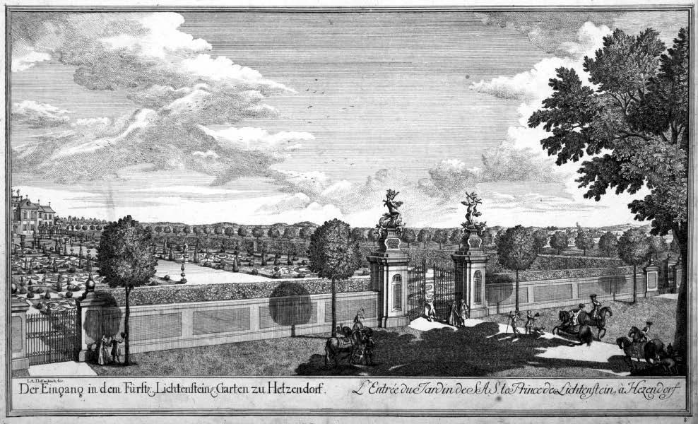 1 Johann Adam Delsenbach, Zámek Hetzendorf pohled na vstup do zahrady, mědirytina, kolem 1720 vi, kterého však přežila, takže dědictví se podle závěti v roce 1723 ujaly její děti.