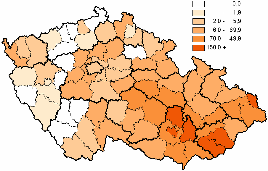 3.13 Výskyt epidemického zánětu příušnic (B26) v okresech ČR na 100 000