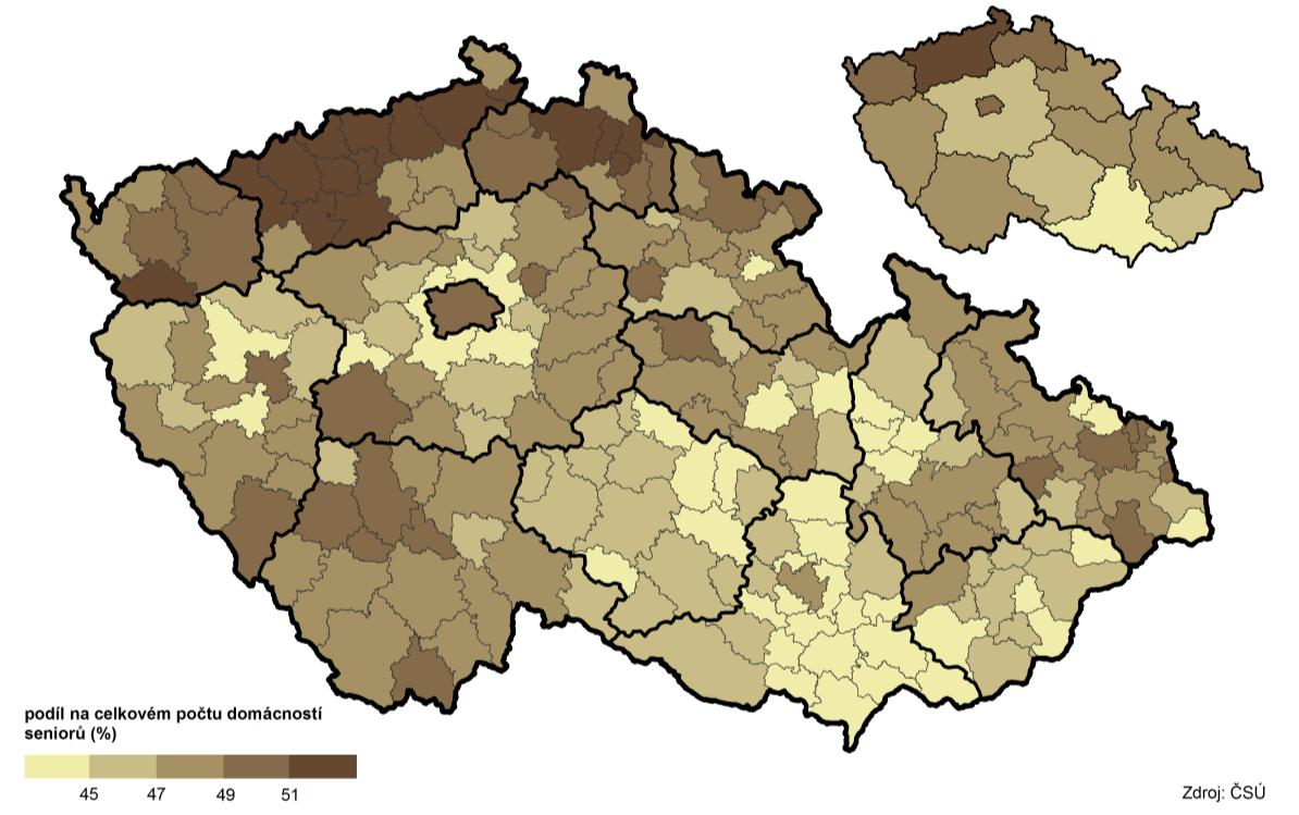 Ktg 3.3 Domácnosti jednotlivců z domácnosti seniorů ve věku 65 a více let podle SO ORP a krajů podle SLDB 211 Bydlení seniorů Tab 3.