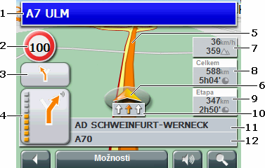 8.3 Mapa v režimu Navigace Poté, co bylo trasu možné vidět v režimu Náhled, spustila se navigace. Mapa se otevře v režimu Navigace. 1 Zde se zobrazuje, jakým značením se máte řídit.