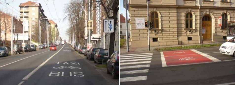 4.3.3 Piktogramový koridor pro cyklisty Vyznačený koridor vodorovným dopravním značením V 20, složeným z piktogramu cyklisty a směrového znaku doporučuje stopu průjezdu pro cyklisty a zároveň