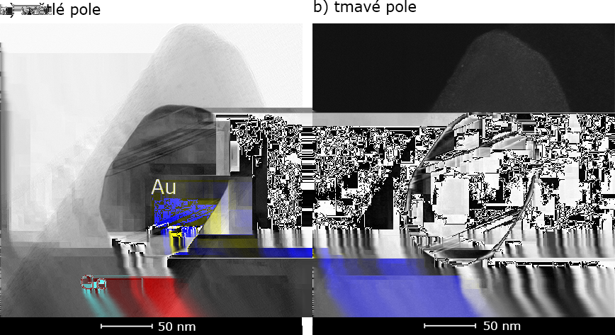 2.3. POPIS ZOBRAZENÍ Obrázek 2.17: Příklad difrakčního kontrastu. a) Světlé pole. b) Tmavé pole s výběrem difrakčního bodu příslušejícímu zlatu a odstíněním přímého svazku (obr. 2.16).