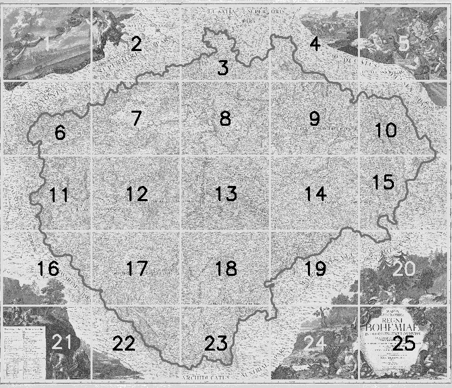 Obr.1 Müllerova mapa Čech s kladem mapových listů Pravděpodobné metody terénního sběru dat použité J.K. Müllerem Dostupná měřická výbava topografa na počátku 18.