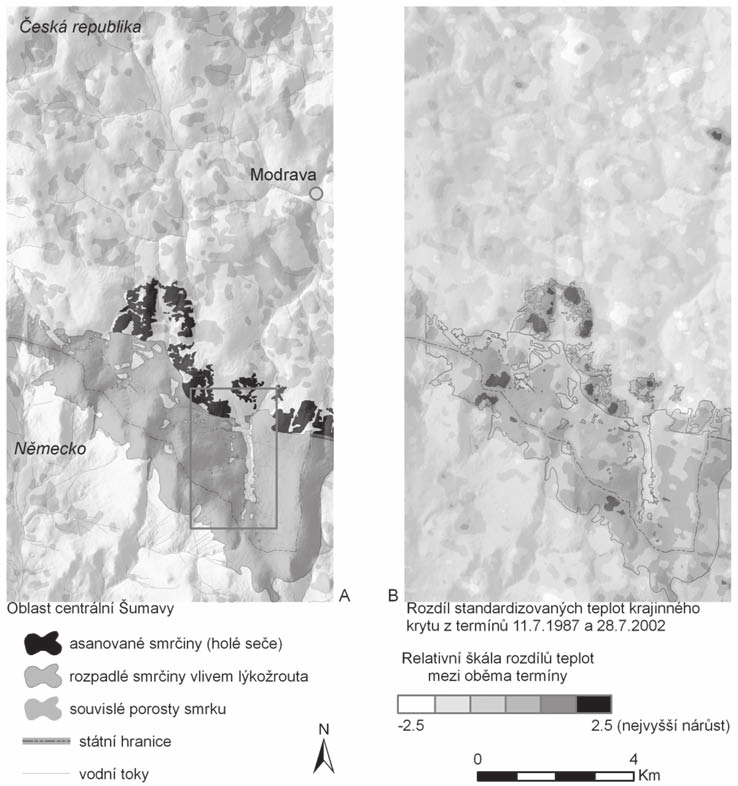 338 martin hais Obr. 2 A) Stav rozpadu horských smrčin a vzniku holích sečí v roce 2002. Obdélníkový rámeček v obrázku (vpravo dole) vyznačuje oblast, která je zachycena na fotografii na obr. 1.