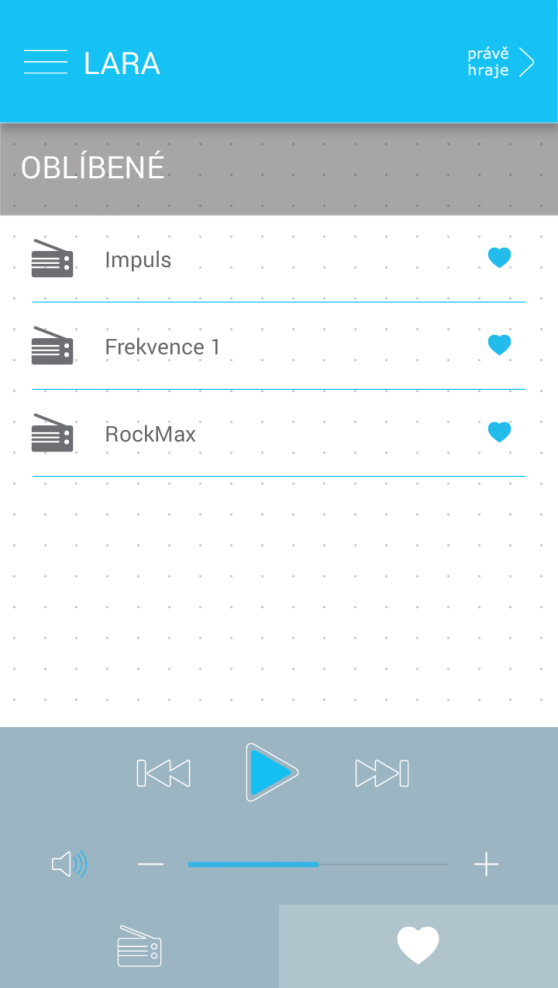 Po stisku tlačítka Oblíbená rádií se zobrazí Vámi definovaný seznam, ze kterého můžete rádia ovládat.