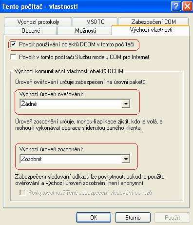 Obr. 7 Nastavení DCOM Následně se přepneme na kartu Zabezpečení COM (COM Security) a v rámečku Přístupová oprávnění (Access Permissions) se klepnutím na Upravit výchozí (Edit default) dostaneme k