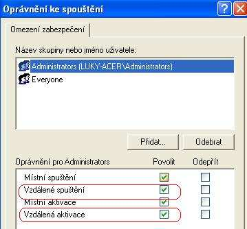 V dialogovém okně pro Přístupová oprávnění je nutné povolit Vzdálený přístup (Remote Access) pro uživatele ANONYMOUS LOGON, takže by nastavení mělo vypadat jako na Obr.