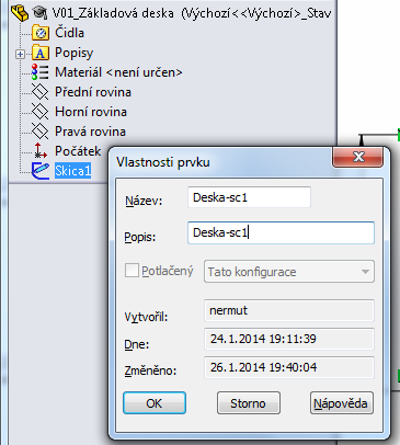 Pro přehlednou strukturu modelu je vhodné pojmenovat jednotlivé kroky. Akce: Přejmenujte dokončenou skicu z výchozího názvu Skica1 na Deska-sc1.