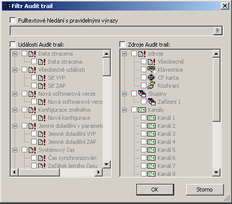 Filtrovat datové soubory Pomocí této funkce se může redukovat seznam zobrazených záznamů Audit trail.