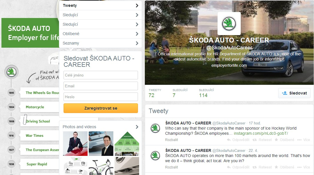 Obrázek 12 Profil organizace Škoda Auto a. s. na sociální síti Twitter Zdroj: ŠKODA AUTO CAREER - @SkodaAutoCareer.