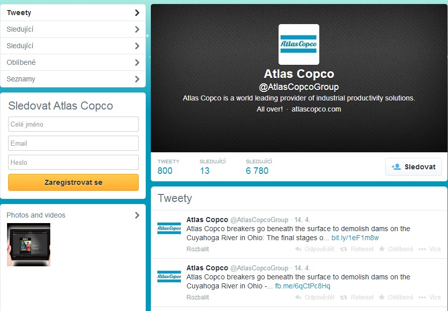 Obrázek 24 Profil organizace Atlas Copco na sociální síti Twitter Zdroj: Atlas Copco - @AtlasCopcoGroup.
