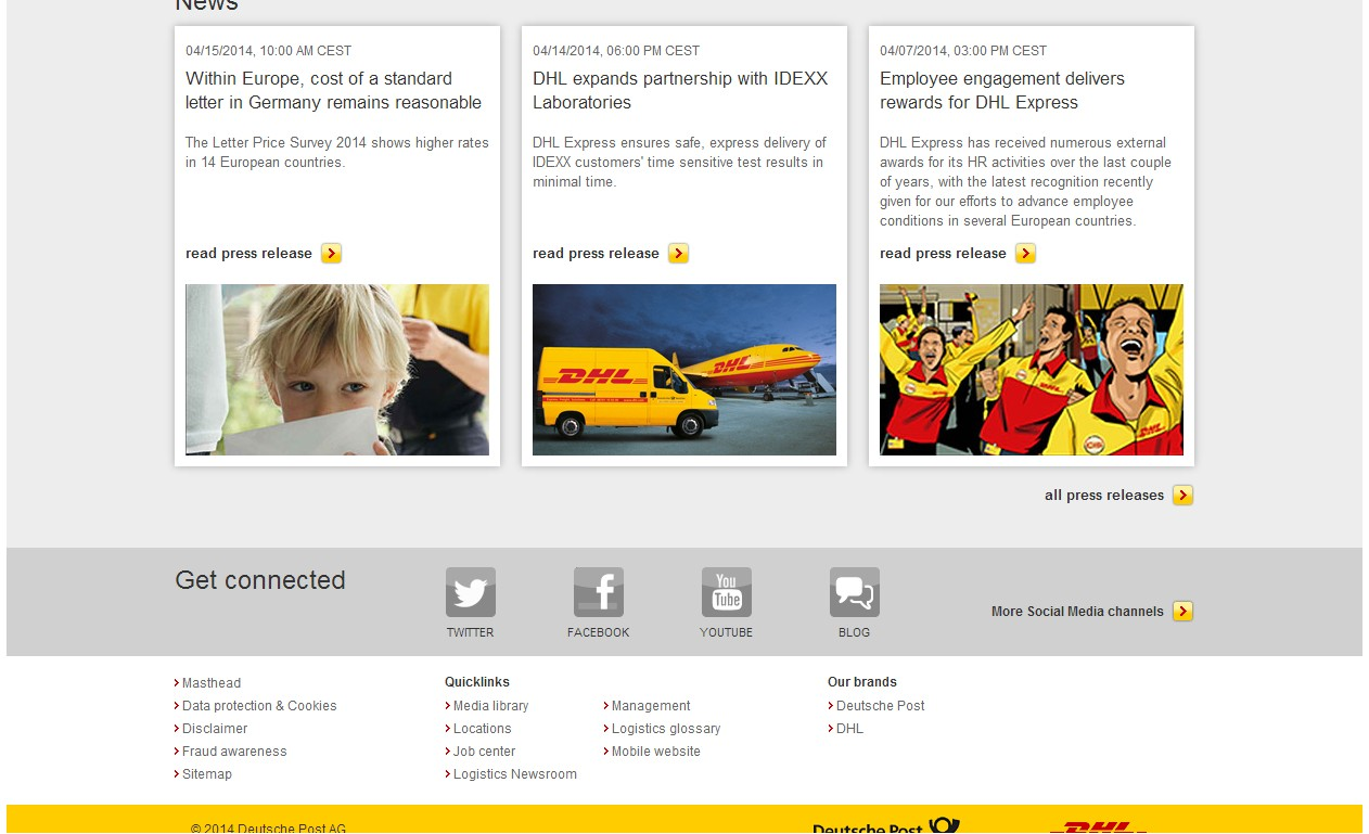 Obrázek 32 Hlavní strana internetové prezentace koncernu Deutsche Post DHL umístěná na doméně dpdhl.