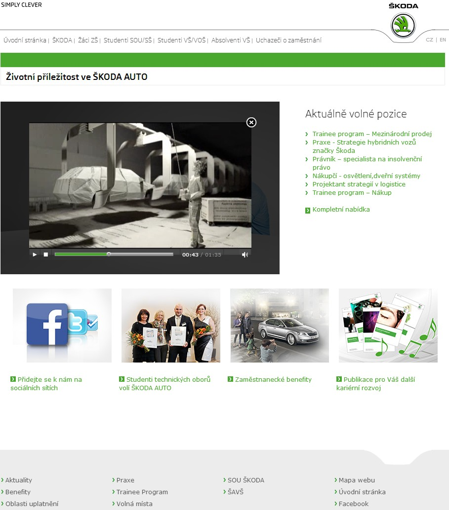 Obrázek 4 Hlavní strana kariérních internetových stránek organizace Škoda Auto a. s. Zdroj: Škoda Auto.