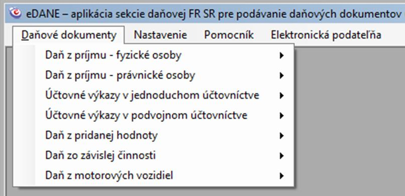 Pomocník - zobrazenie základných informácií o verzii aplikácie, zobrazenie poučenia vydaného k vybranému typu daňového dokumentu (zobrazí sa až po výbere typu tlačiva) a zobrazenie používateľskej