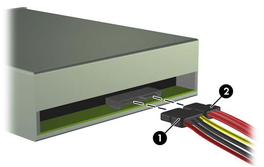 12. Datový kabel SATA připojte k bílému konektoru na systémové desce. 13. Připojte napájecí kabel (1) a datový kabel (2) k zadní části optické jednotky.