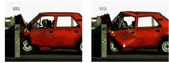 Obrázek 27: průběh nárazu Š120 Zdroj: [7] Oproti tomu byl vůz Renault 5 daleko méně deformován, volant