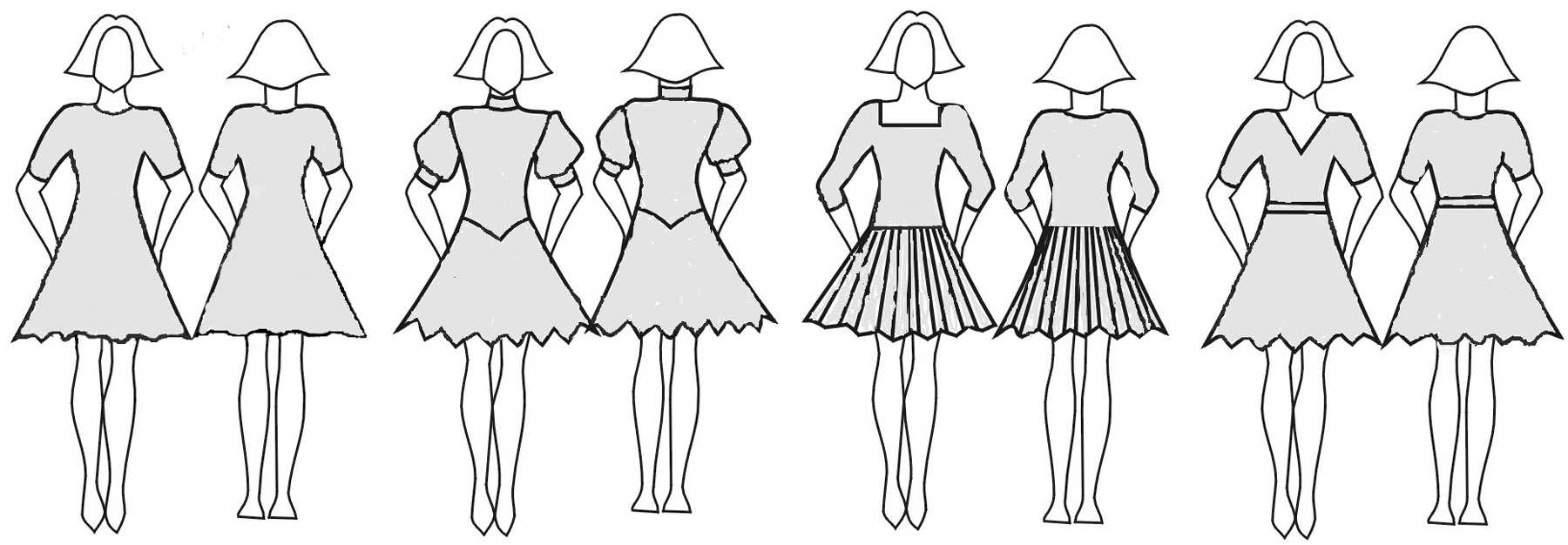 C. Sukne: DL hladká alebo plisovaná, minimálne 1, maximálne 3 polkruhy jedna kruhová spodnica dovolená, väčšia spodnica PZ volány na sukni alebo spodnici, výstuhy lemu sukne všetko PZ dĺžka nesmie