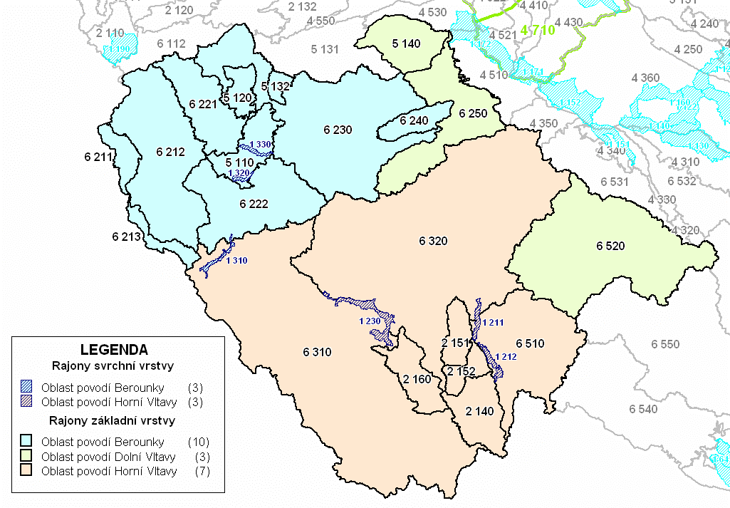 a hydrogeologické rajony v sedimentech svrchní křídy (rajony začínající své označení číslicí 4). Obr. č. 3 Hydrogeologické rajony v oblasti povodí Horní Vltavy, Dolní Vltavy a Berounky Zdroj: VÚV TGM Praha, 2006 2.