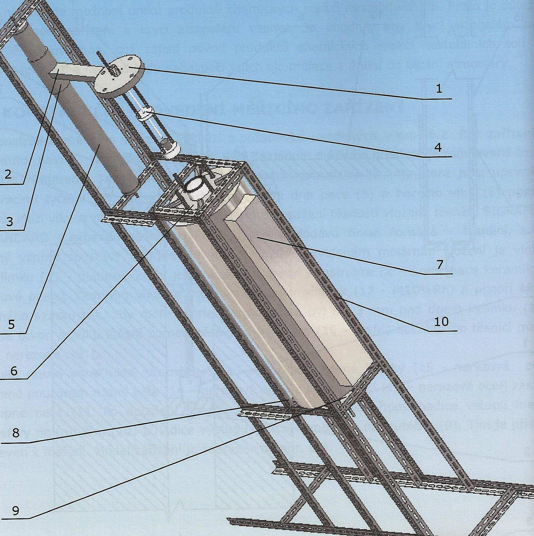 Obr. 9 Celový pohled na měřící zařízení s vysunutou nosnou onstrucí měřícího elímu (model) - horní vío topné pece, - nosná tyč, 3 - pouzdro nosné truby, 4 - nosná onstruce měřícího elímu, 5 - nosná