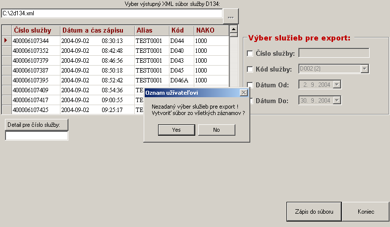 Okno po stlačení tlačidla Detail pre číslo služby : Výber záznamov môžeme opakovať ľubovoľne krát. 5. Vytvorenie súboru s konvertovanými záznamami.