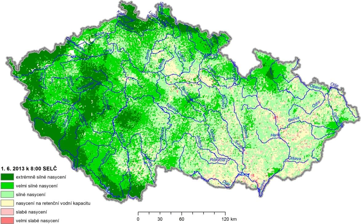 Obr. 3.2 Ukazatel nasycení k 1. 6. 2013 8:00 SELČ 3.3 Vývoj nasycení povodí v průběhu června Srážky z 1. až 3.