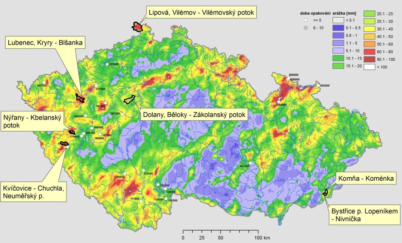 4.2 Srážková epizoda 8. 10. června 4.2.1 Charakter příčinných srážek a odtokové odezvy První lokální přeháňky a bouřky se začaly vyskytovat již ve čtvrtek 6.