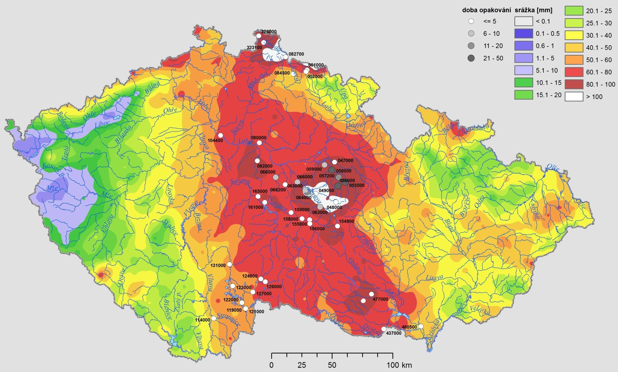 Obr. 4.38 Plošné rozložení srážek spadlých od 24. června 8:00 do 26.