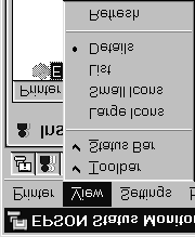 Nabídka View (Zobrazit) Příkazy, soustředěné v této nabídce, Vám umožňují měnit vzhled a obsah okna EPSON Status Monitor 2 a seznamu Installed Printers (Instalované tiskárny).