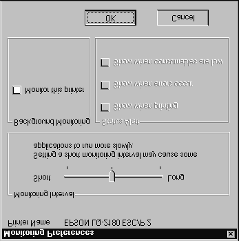 2. V seznamu Installed Printers (Instalované tiskárny) označte tiskárnu, jejíž činnost chcete monitorovat, a potom v nabídce Settings (Nastavení) klepněte na položku Monitoring Preferences (Parametry