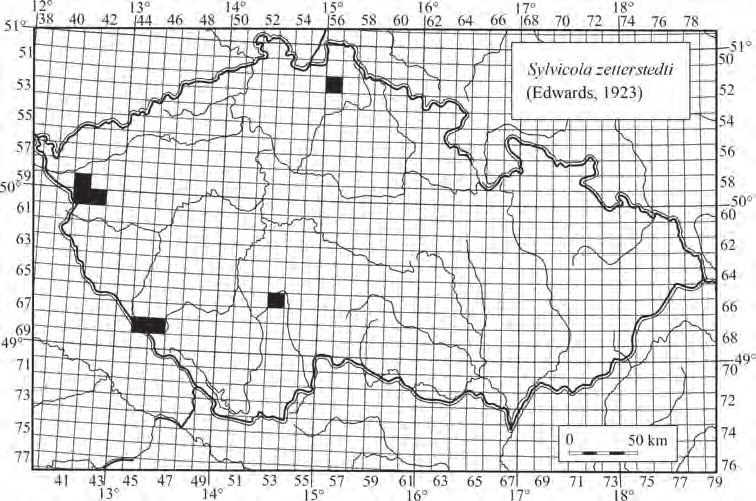 Obr. 1. Současné známé rozšíření Sylvicola zetterstedti (Edwards, 1923) v České republice. Fig. 1. Present known distribution of Sylvicola zetterstedti (Edwards, 1923) in the Czech Republic.