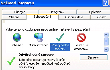 A případně nastavit i důvěryhodný server v menu Nástroje/Možnosti Internetu Dále zvolit záložku