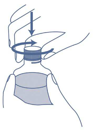 1. Před použitím pečlivě protřepejte lahvičku. Z lahvičky odstraňte bezpečnostní uzávěr tak, že na uzávěr zatlačíte a proti směru hodinových ručiček otočíte. 2.