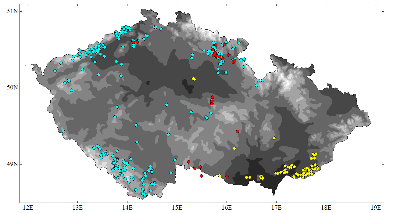 Introgrese vcentaurea phrygia agg. Obr. 10.1 Rozšíření Centaurea elatior (modře), C. stenolepis (žlutě) a rostlin přechodných mezi nimi (červeně).