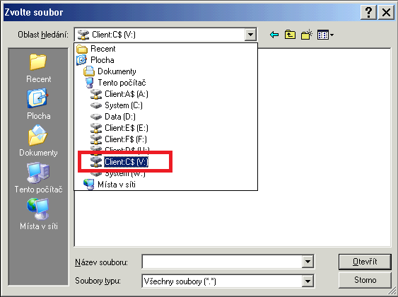 - Na ďalšom okne je potrebné vybrať cestu k uloženému súboru. Upozornenie: vzhľadom na umiestnenie systému v infraštruktúre KTI váš disk C:\ nie je pomenovaný ako c:, alebo ako Client:C$ (V:) 4.