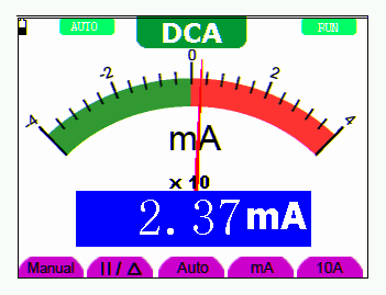 7-Using the Multimeter 7.4.7 Měření DC Proudů Pro měření proudů DC o hodnotách nižších než 400 ma, proveďte následující: 1. Stiskněte klávesu A a v horní části obrazovky se objeví symbol DCA.