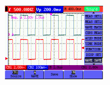 Funkce menu Nastavení Popis CH1 Ujistěte se, že vlna kterou si přejete uložit je zobrazena na Source (zdroj) WAVE (vlna) CH2 MATH obrazovce. Zvolte vlnu, kterou si přejete uložit.