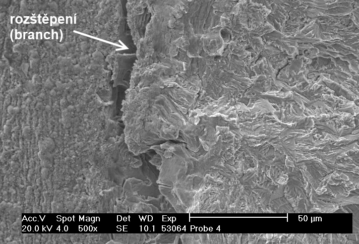Obr. 57: Příklad rozštěpení (branch) trhliny